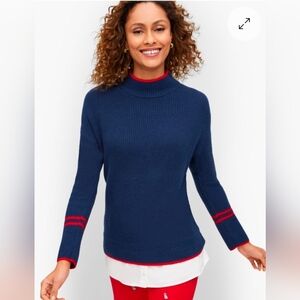 Talbots Woven Hem Layered Mockneck Sweater Navy Blue Red Size 2XL